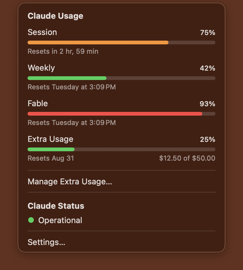 The Claudio menu open below it, showing session, weekly and Fable usage bars with reset times, extra usage spend, and Claude's service status